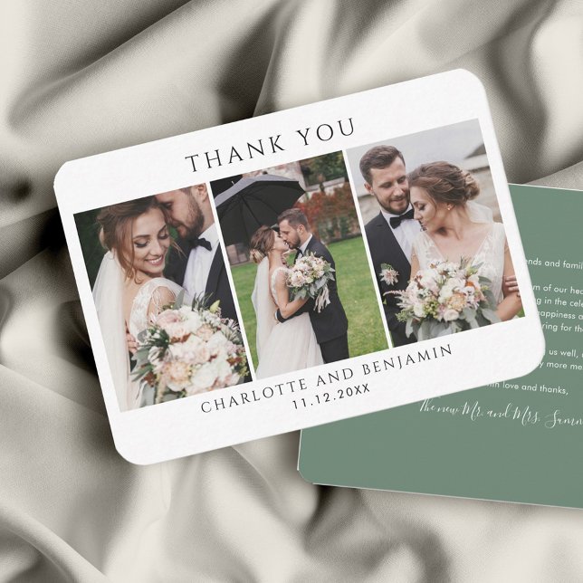 Tarjeta Pequeña Collage de fotos del Día de la Boda Gracias (Elegant Personalized Photo Collage Wedding Thank You Card)