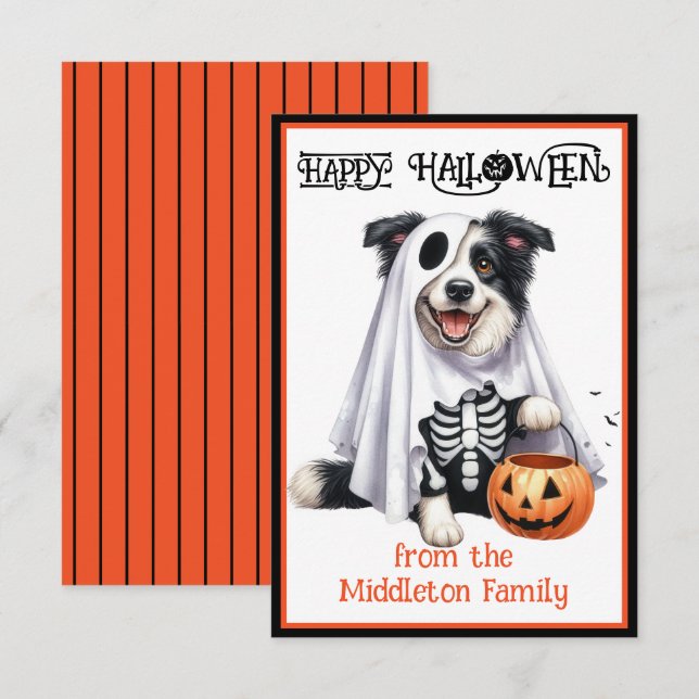 Tarjeta Pequeña Collie Fronteriza Perro cachorro Feliz Halloween (Anverso / Reverso)