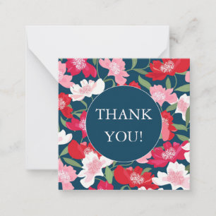 Tarjeta Pequeña Color Rojo Floral Patrón Azul Rubor Gracias