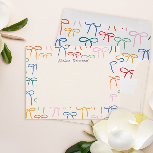 Tarjeta Pequeña Colorful Simple Bows Personal Stationery (Cream and colorful simple bow pattern personal stationery flat note card and envelope)
