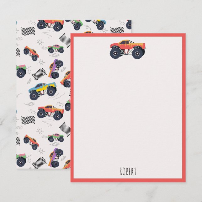 Tarjeta Pequeña Coloridos Camiones Monstruos Carreras Niños Nombre (Anverso / Reverso)