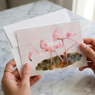 Tarjeta Pequeña Compañerismo de Flamencos Rosas en Arte de Acuarel