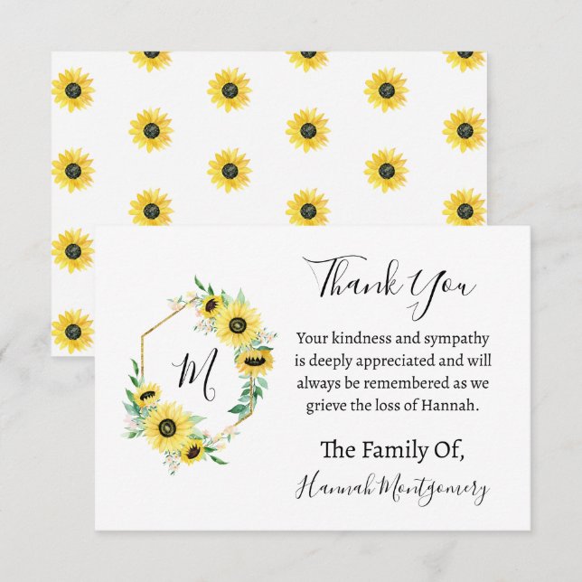 Tarjeta Pequeña Compasión por el funeral del girasol Gracias (Anverso / Reverso)