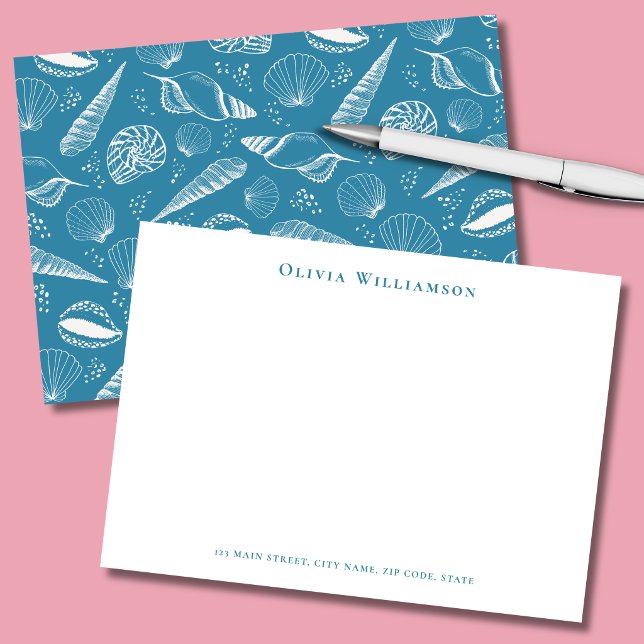 Tarjeta Pequeña Concha de Mar Azul Costera (Teal Blue and white seashell personalized stationery note cards)