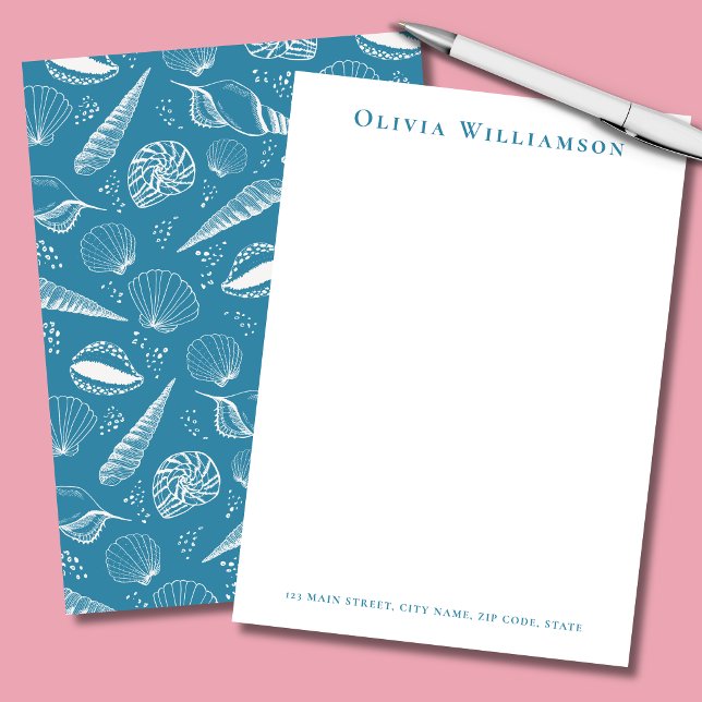 Tarjeta Pequeña Concha de Mar Azul Costera (Teal blue and white seashell personalized stationery note cards in portrait format)