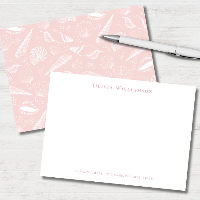 Tarjeta Pequeña Concha de mar rosa suave costera (Soft pink and white seashell personalized stationery note cards )