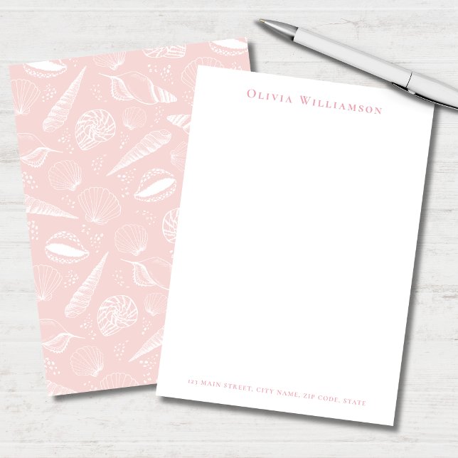 Tarjeta Pequeña Concha de Mar Rosa Suave Costera (Soft pink and white seashell personalized stationery note cards in portrait format)