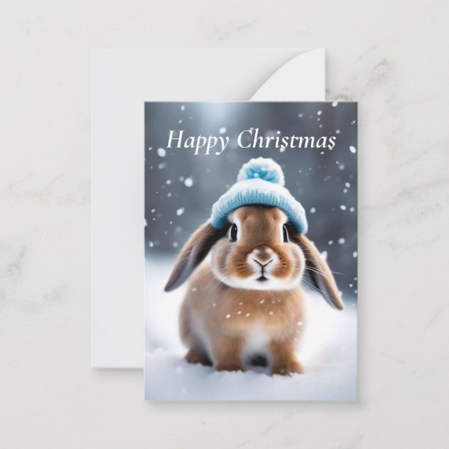 Tarjeta Pequeña Conejito en un Gorra Bobble con Navidades de arte  (Anverso)