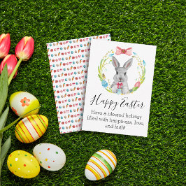 Tarjeta Pequeña conejito feliz de la acuarela de Pascua y corona d