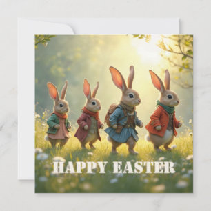Tarjeta Pequeña Conejitos de Pascua caminando en prado primaveral