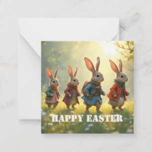 Tarjeta Pequeña Conejitos de Pascua caminando en prado primaveral