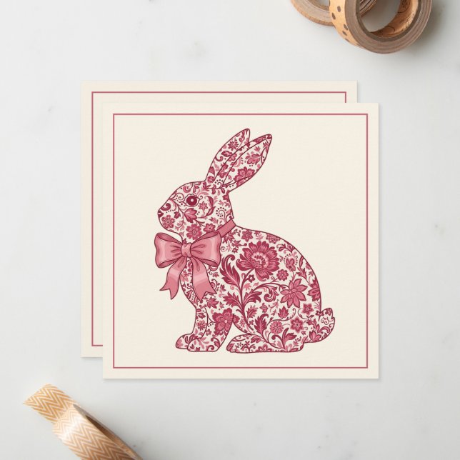 Tarjeta Pequeña Conejo de Pascua Chinoiserie Rosa y Crema (Anverso/Reverso In Situ)