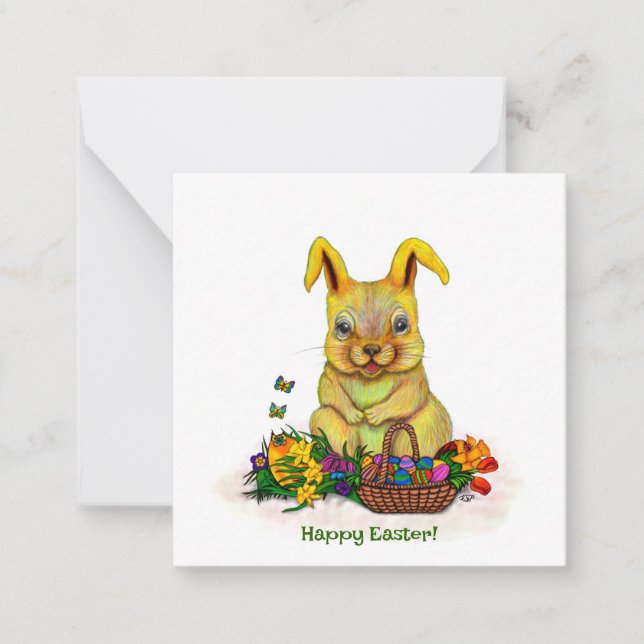 Tarjeta Pequeña Conejo de Pascua con huevos y flores (Anverso)