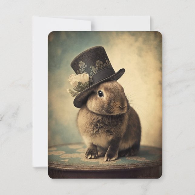 Tarjeta Pequeña Conejo de Pascua con sombrero superior, dibujo de  (Anverso)