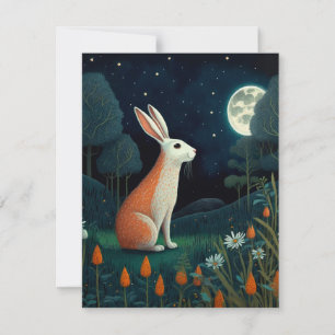 Tarjeta Pequeña Conejo naranja y blanco a la luz de la luna