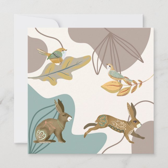 Tarjeta Pequeña Conejos nórdicos y aves en blanco (Anverso)
