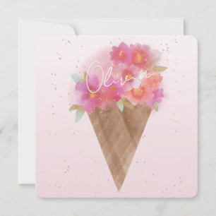Tarjeta Pequeña Cono de crema de hielo floral acuático con nombre