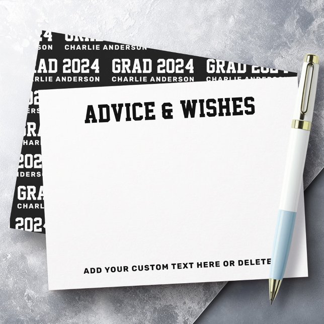 Tarjeta Pequeña Consejos de graduación y deseos año de graduación  (Graduation advice and wishes grad year black white note card)