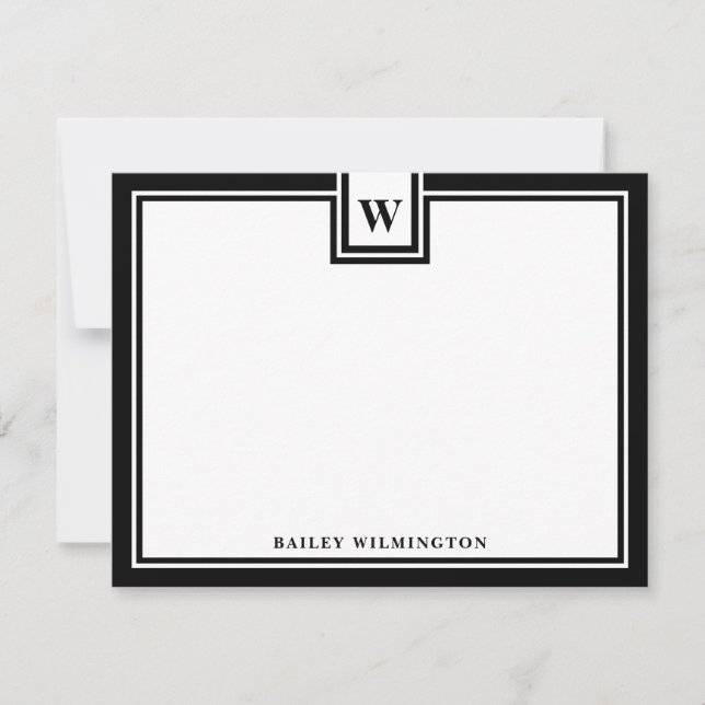 Tarjeta Pequeña Contemporary Monogram Black Border Stationery (Anverso)