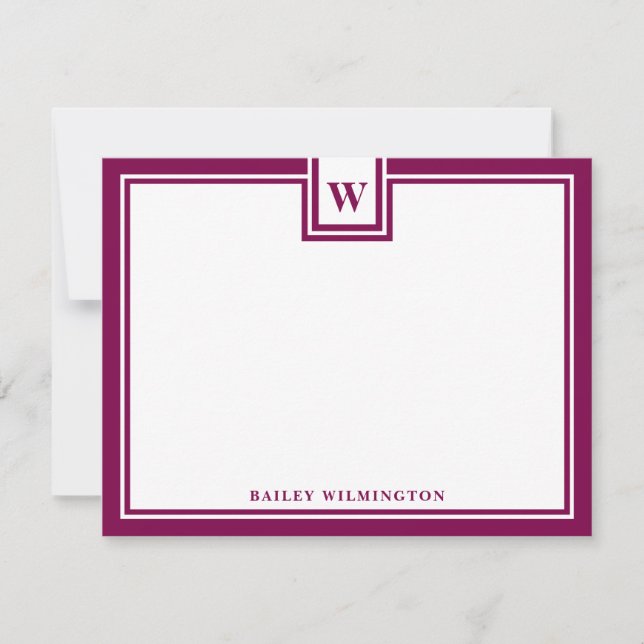 Tarjeta Pequeña Contemporary Monogram Wine Red Border Stationery (Anverso)