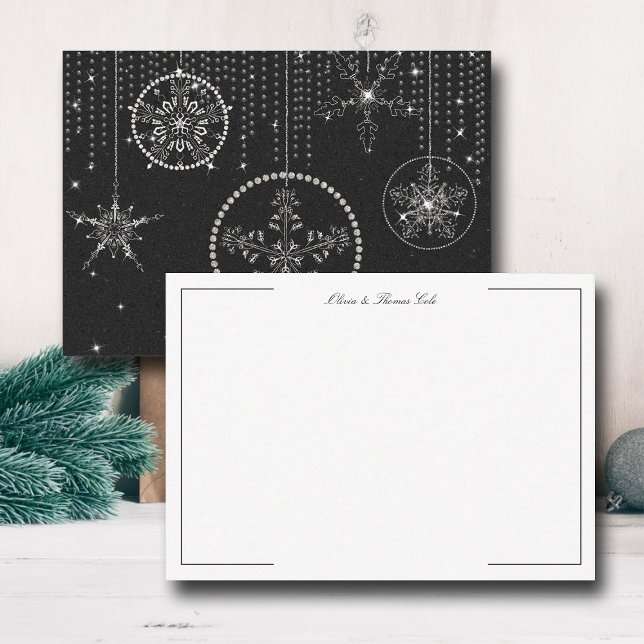 Tarjeta Pequeña Copo de Nieve Brillante Negro Blanco Elegante Clás (christmas thank you card couple wedding holidays winter snowflakes rhinestones glitter black white )