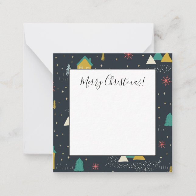 Tarjeta Pequeña Copo de Nieve Nocturno que Cae sobre Casitas (Anverso)