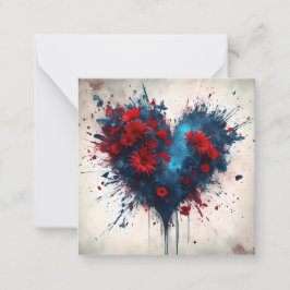 Tarjeta Pequeña Corazón azul en llamas con flores rojas