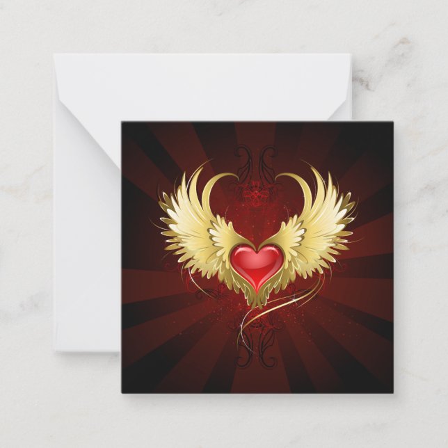 Tarjeta Pequeña Corazón Rojo con Alas Doradas (Anverso)