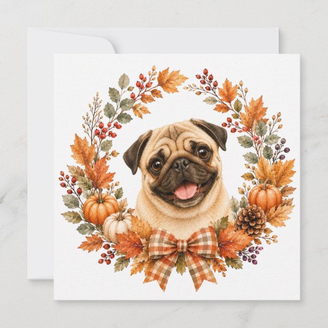 Tarjeta Pequeña Corona de Otoño Pug (Anverso)