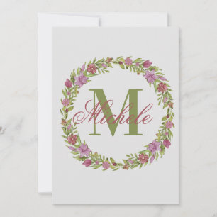 Tarjeta Pequeña Corona floral personalizada con monograma de apell