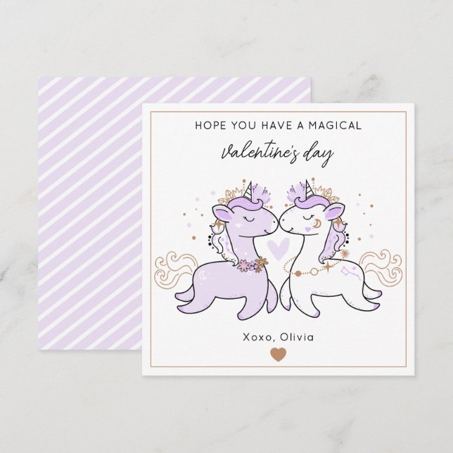 Tarjeta Pequeña Corte Unicornio Mágico Púrpura Día de San Valentín (Anverso / Reverso)