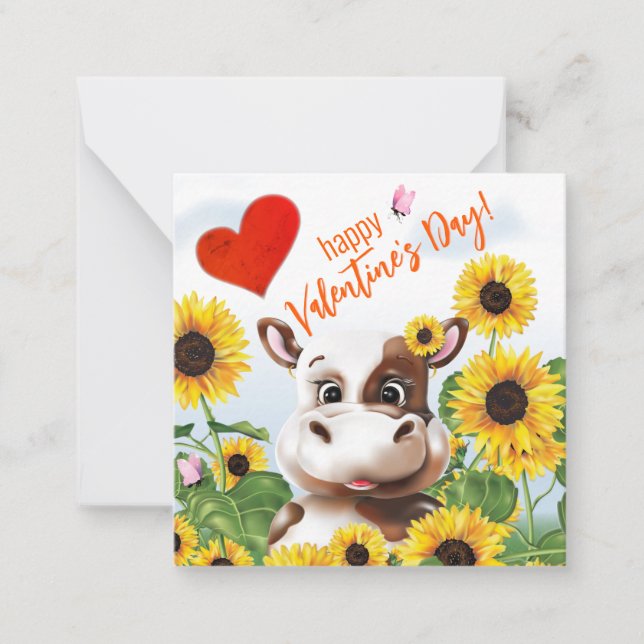 Tarjeta Pequeña Cow Sunflower Funny Farm Classroom Valentine Card (Anverso)