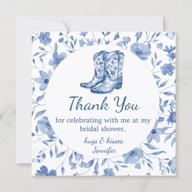Tarjeta Pequeña  Cowgirl Floral Bridal Shower thank you blue (Anverso)
