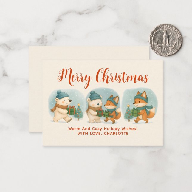 Tarjeta Pequeña Cozy Christmas Animals Adorable Holiday Note Card (Anverso/Reverso In Situ)