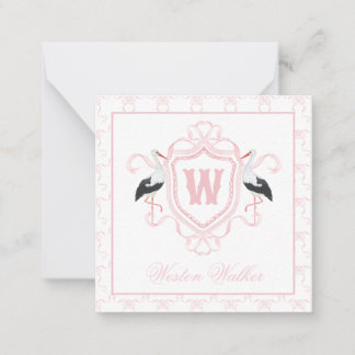 Tarjeta Pequeña Crest Monograma Arco Cigüeña Rosa Acuarela