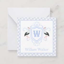 Tarjeta Pequeña Crest Monograma Gingham Cigüeña Azul Acuarela
