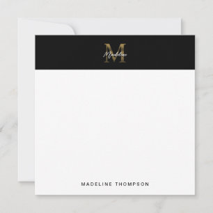 Tarjeta Pequeña Cuadrado de Monograma de Oro Negro Metálico Script