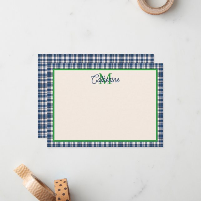Tarjeta Pequeña Cuadro de Gingham Azul y Verde Tartán Monograma (Anverso/Reverso In Situ)