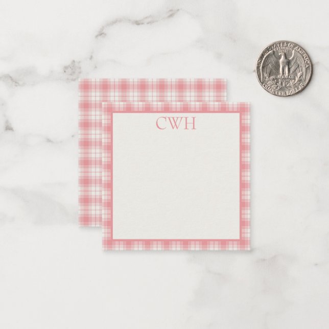 Tarjeta Pequeña Cuadro de Gingham de Rosa y Crema con Monograma (Anverso/Reverso In Situ)