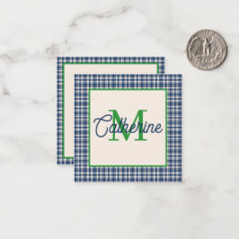 Tarjeta Pequeña Cuadro Escocés de Gingham Azul y Verde con Monogra