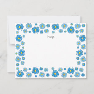 Tarjeta Pequeña Cuadros de agua azules y ásters de plumas marco de