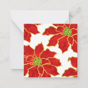 Tarjeta Pequeña Cuatro Poinsettias Rojas de Acuarela Dorada Tarjet