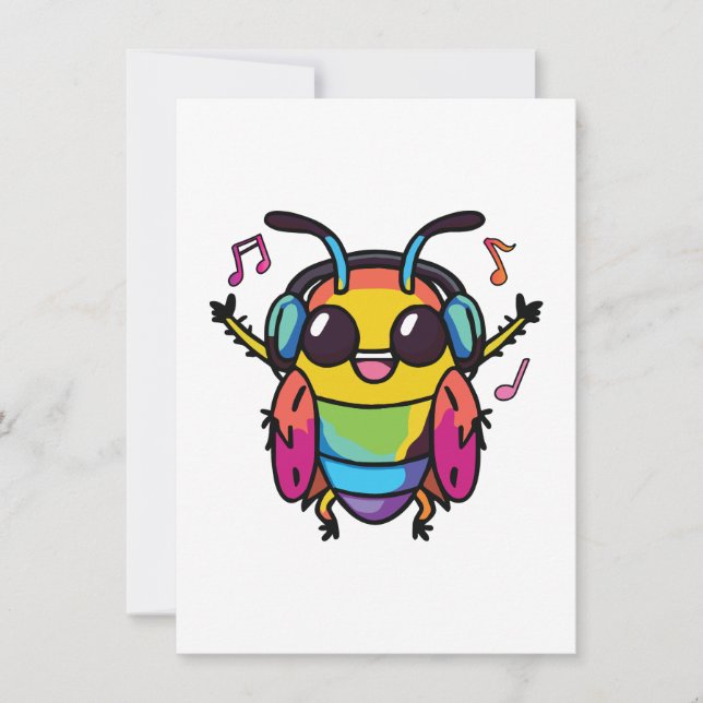 Tarjeta Pequeña Cucaracha feliz con auriculares escuchando música (Anverso)