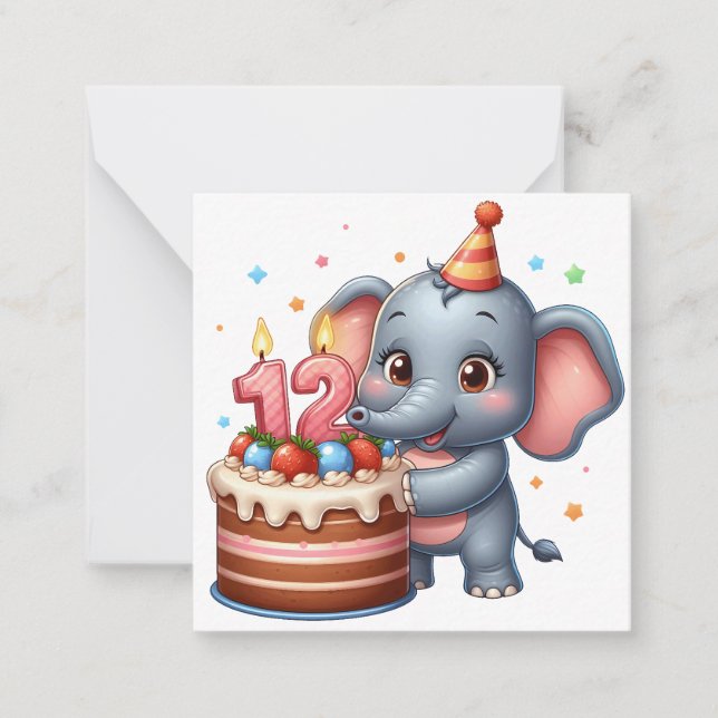 Tarjeta Pequeña Cumpleaños 12 de elefante lindo (Anverso)