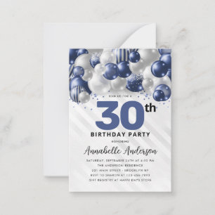 Tarjeta Pequeña Cumpleaños 30 Budget Azul Plata Glitter Globo