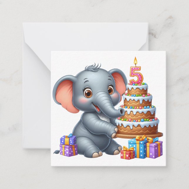 Tarjeta Pequeña Cumpleaños 5 de Elefante Adorable (Anverso)