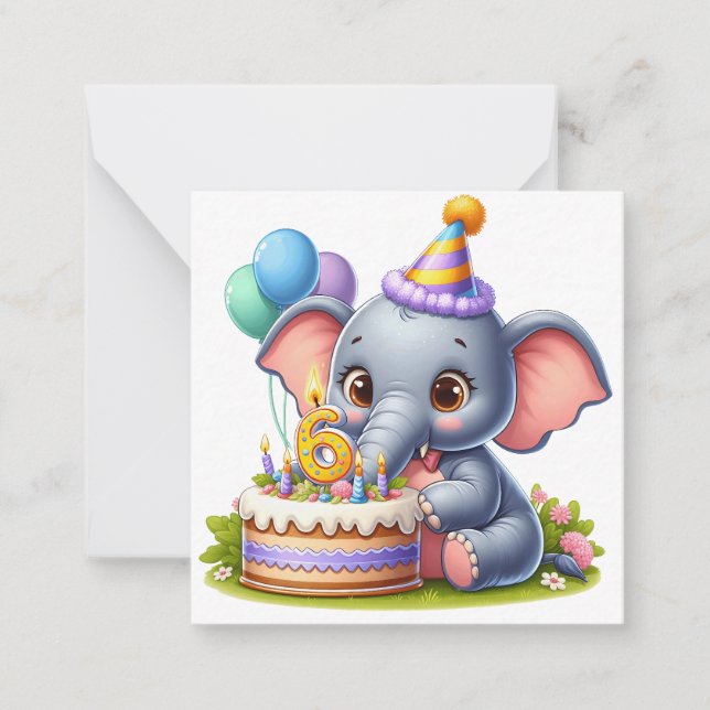 Tarjeta Pequeña Cumpleaños 6 de elefante lindo (Anverso)