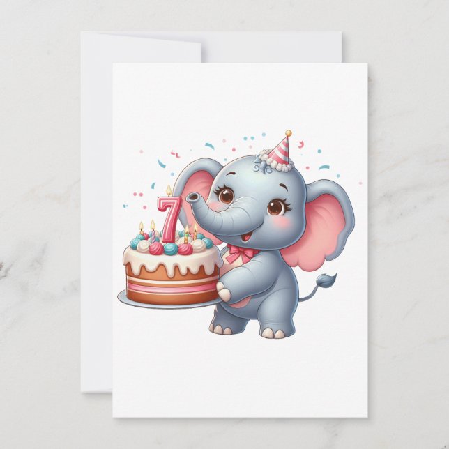 Tarjeta Pequeña Cumpleaños 7 de elefante lindo (Anverso)