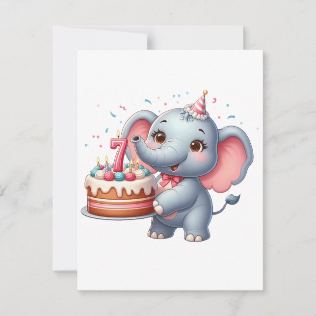 Tarjeta Pequeña Cumpleaños 7 de elefante lindo (Anverso)