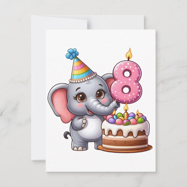 Tarjeta Pequeña Cumpleaños 8 de elefante lindo (Anverso)